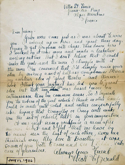 Scott Fitzgerald letter to James Rennie